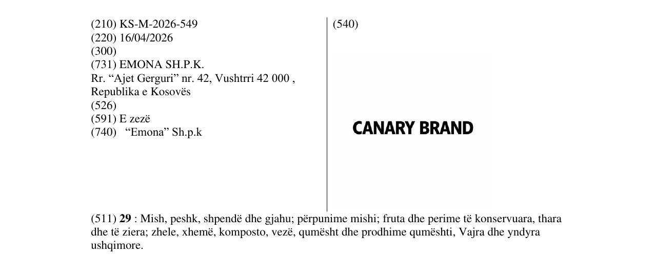 Zëri i markës KS/M/2026/549 në buletin