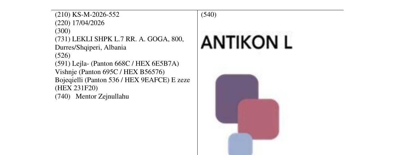 Zëri i markës KS/M/2026/552 në buletin