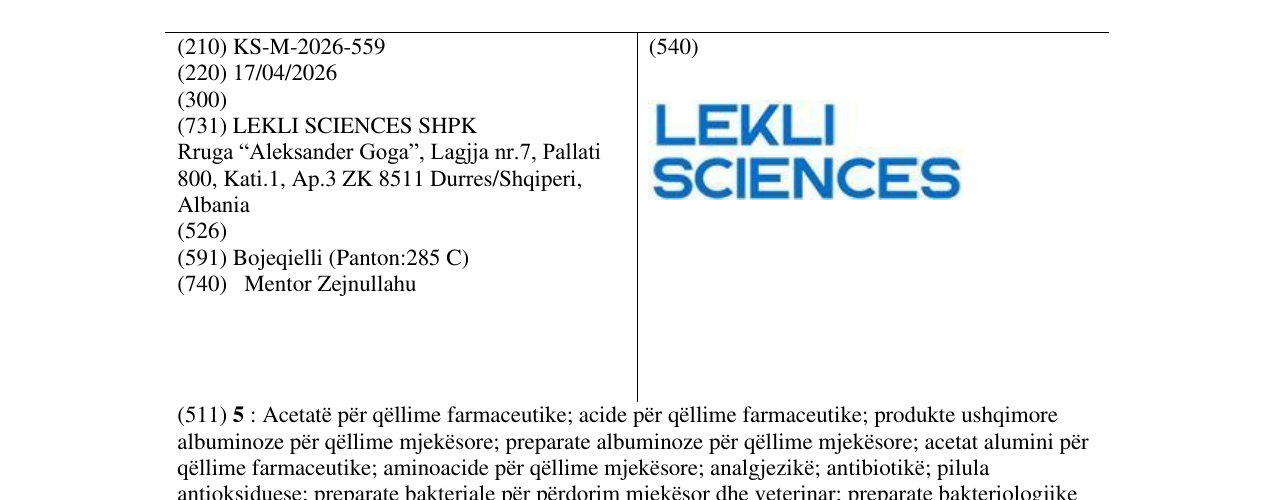 Zëri i markës KS/M/2026/559 në buletin