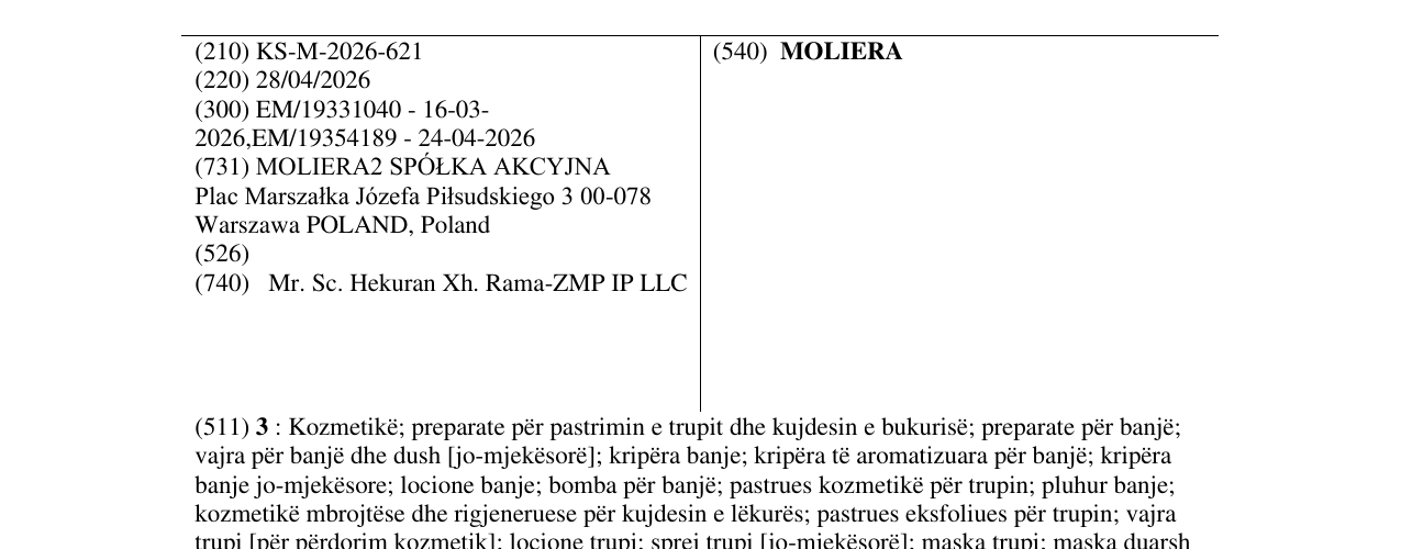 Zëri i markës MOLIERA në buletin
