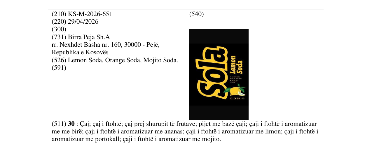 Zëri i markës Lemon Soda, Orange Soda, Mojito Soda. në buletin