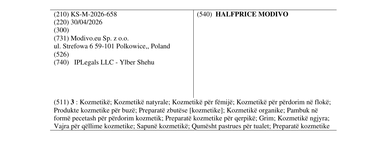 Zëri i markës HALFPRICE MODIVO në buletin