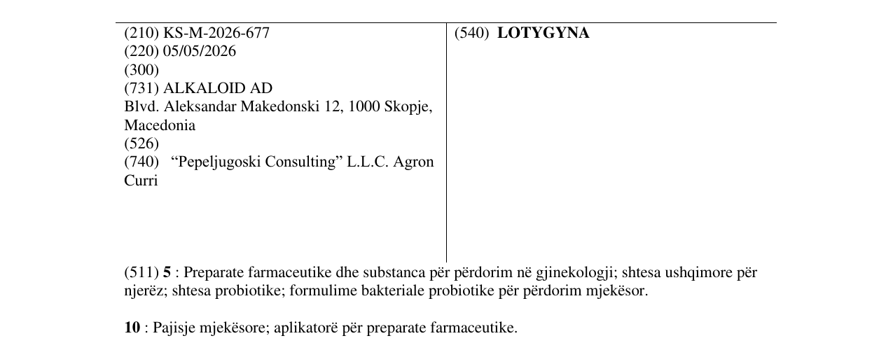 Zëri i markës LOTYGYNA në buletin