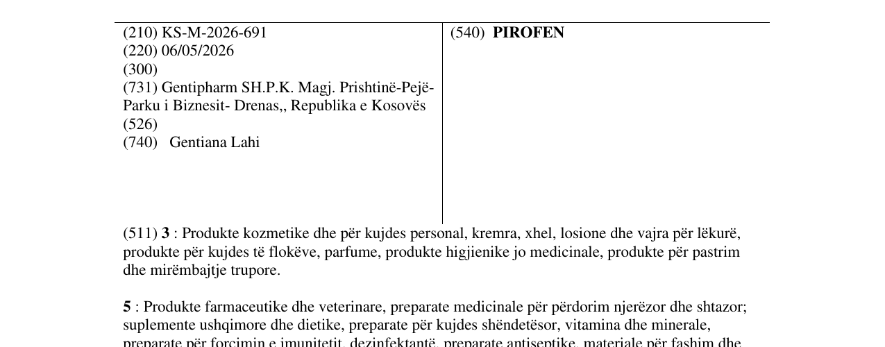 Zëri i markës PIROFEN në buletin
