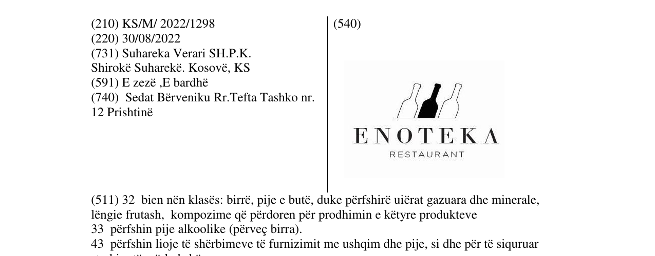 Zëri i markës RESTORANT ENOTEKA në buletin