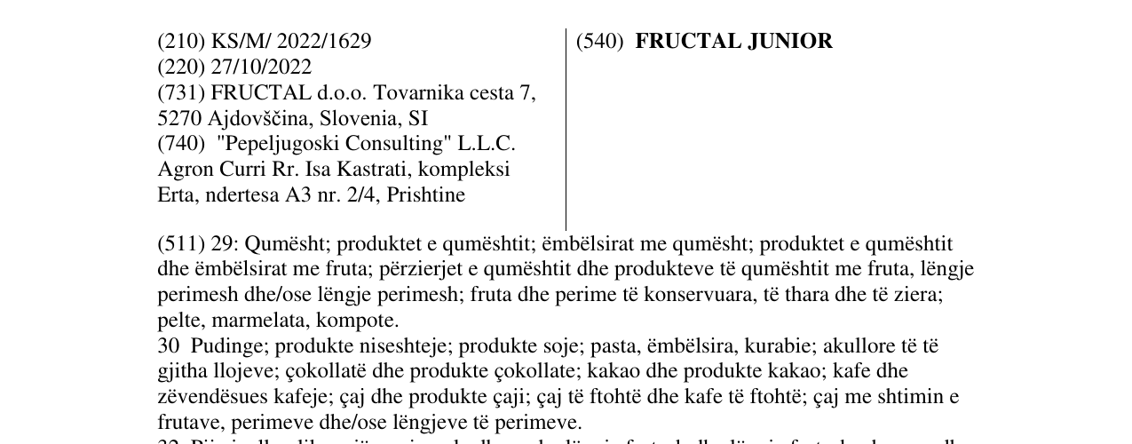 Zëri i markës FRUCTAL JUNIOR në buletin
