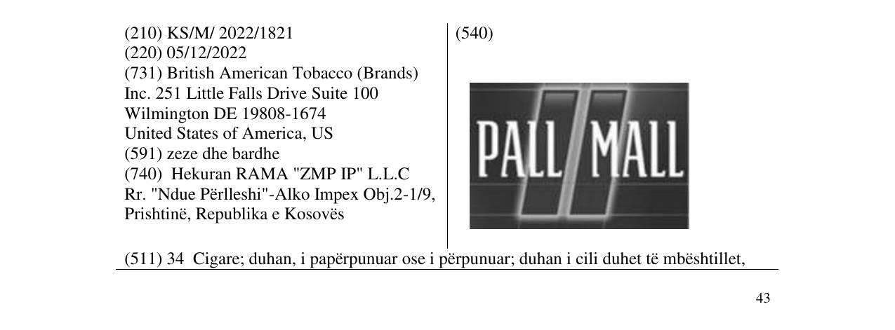 Zëri i markës PALL MALL në buletin