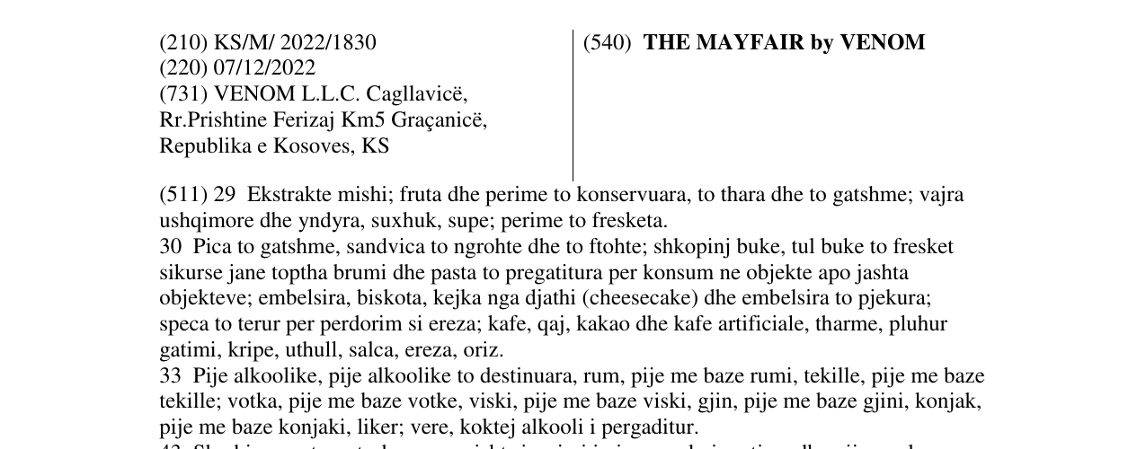 Zëri i markës THE MAYFAIR by VENOM në buletin