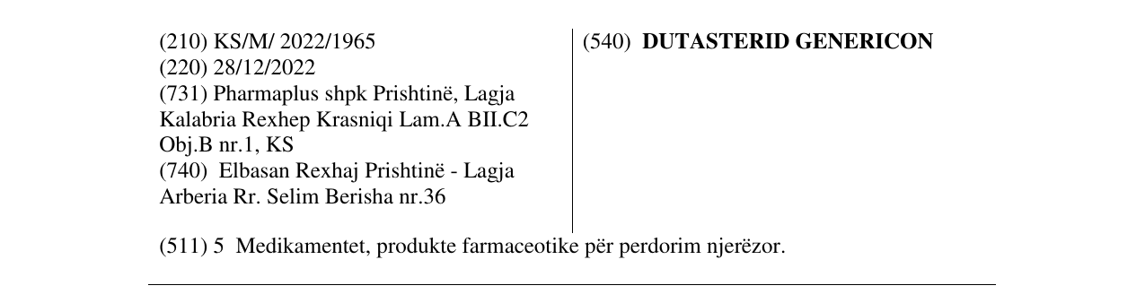 Zëri i markës DUTASTERID GENERICON në buletin