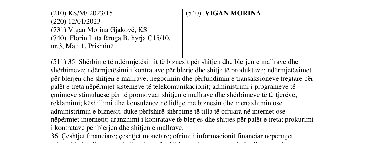 Zëri i markës VIGAN MORINA në buletin