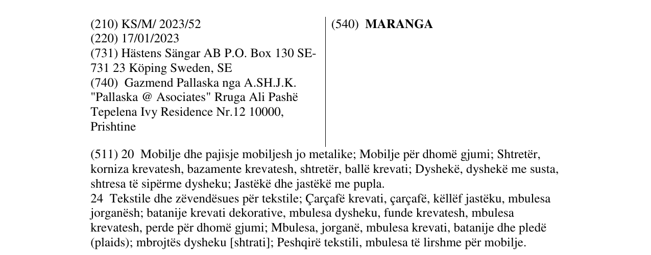 Zëri i markës MARANGA në buletin