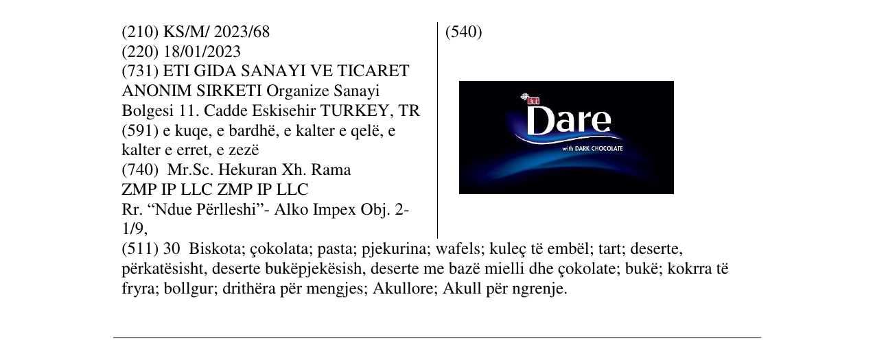 Zëri i markës ETI DARE WITH DARK CHOCOLATE në buletin