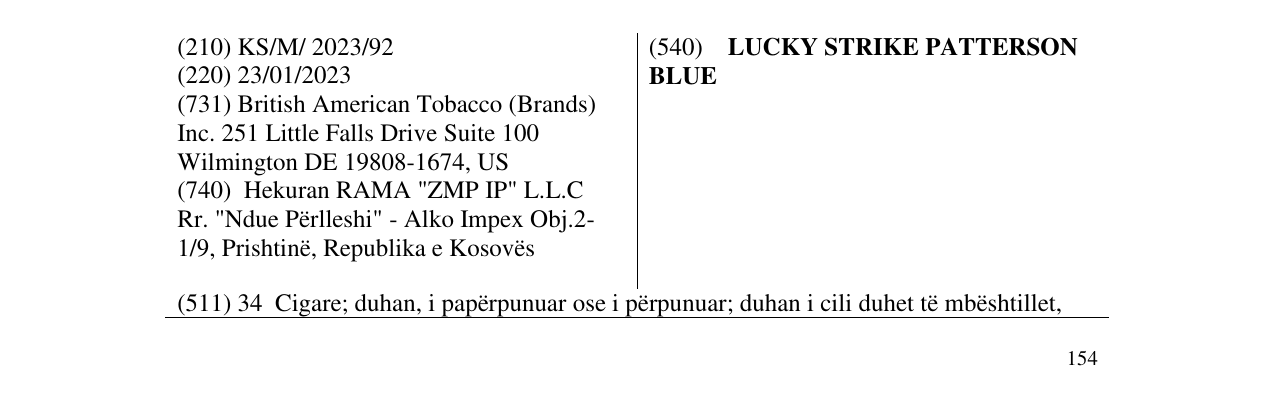 Zëri i markës LUCKY STRIKE PATTERSON BLUE në buletin