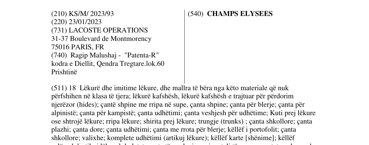 Zëri i markës CHAMPS ELYSEES në buletin