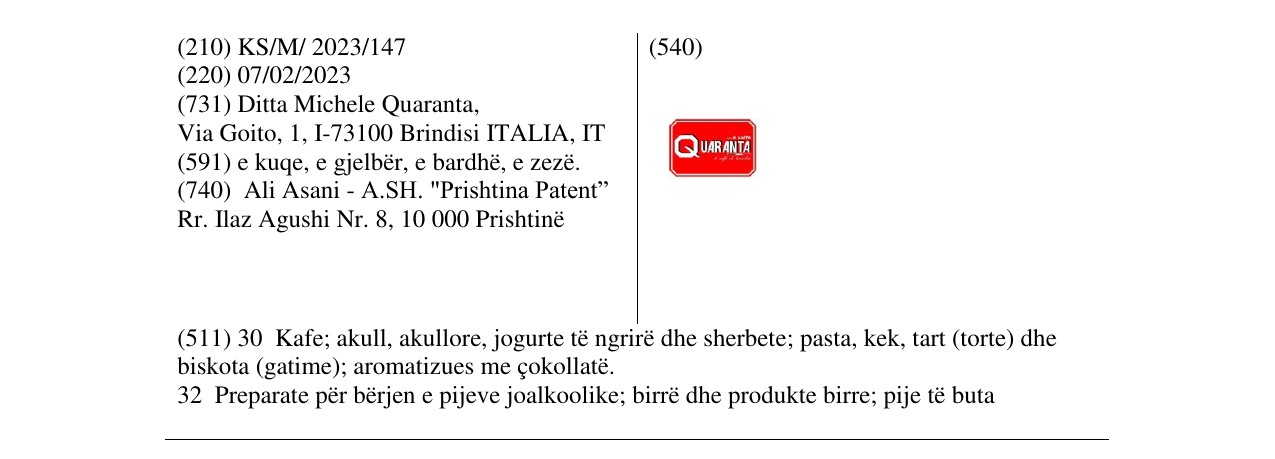 Zëri i markës QUARANTA në buletin
