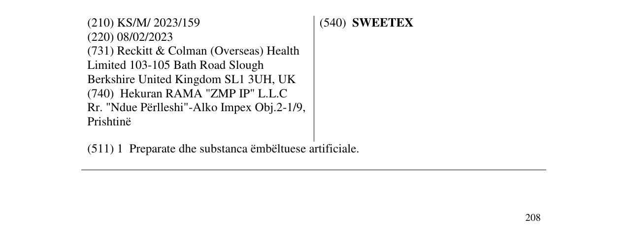 Zëri i markës SWEETEX në buletin