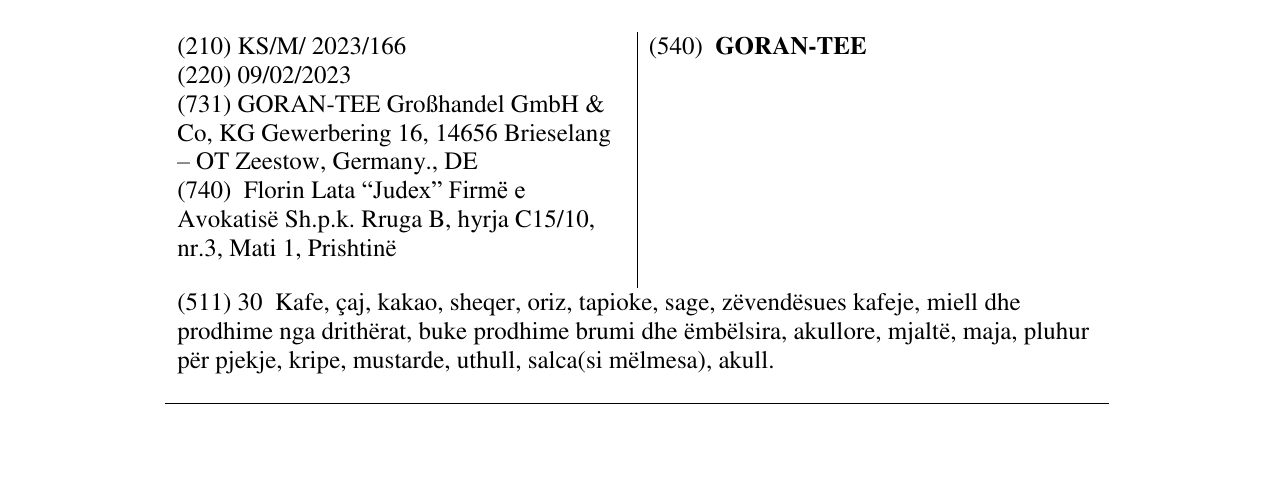 Zëri i markës GORAN-TEE në buletin
