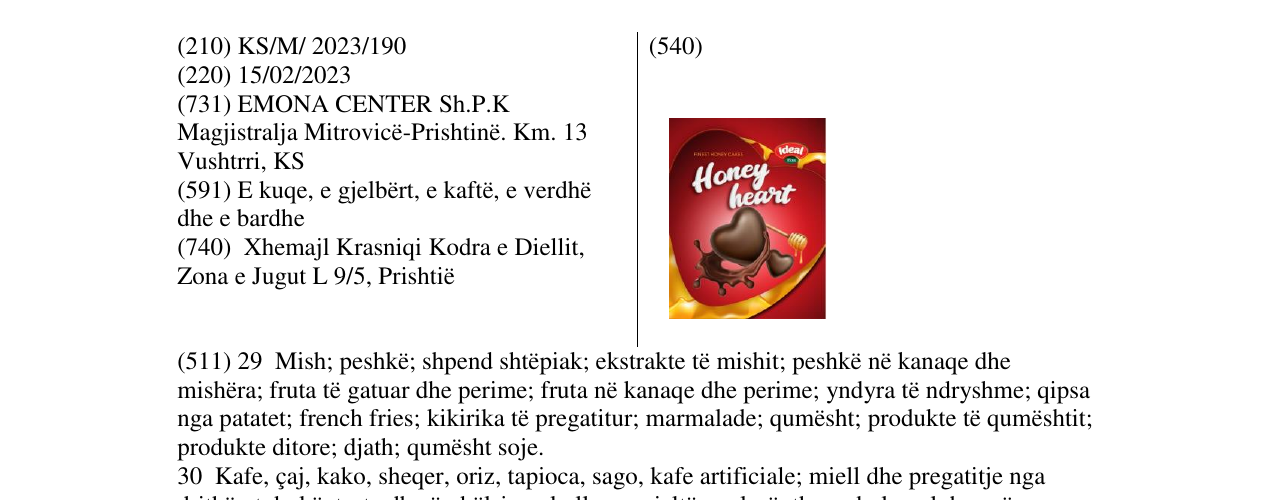 Zëri i markës HONEY HEART në buletin