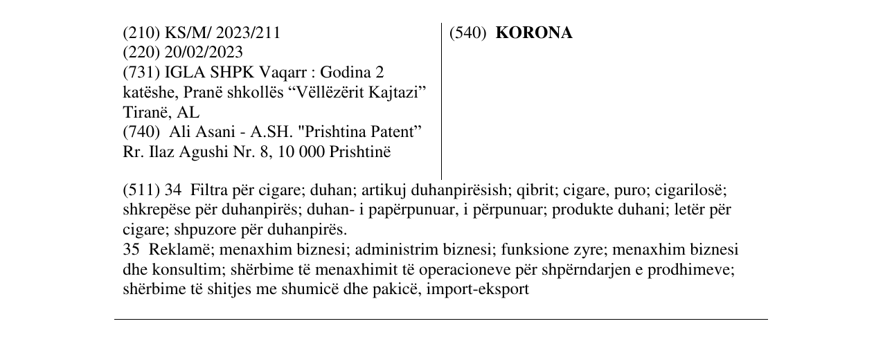 Zëri i markës KORONA në buletin