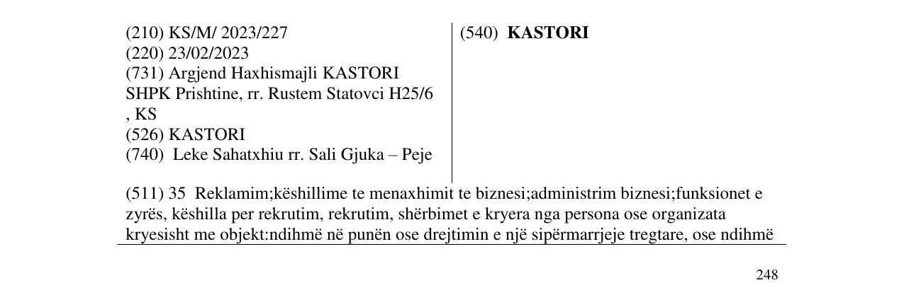 Zëri i markës KASTORI në buletin