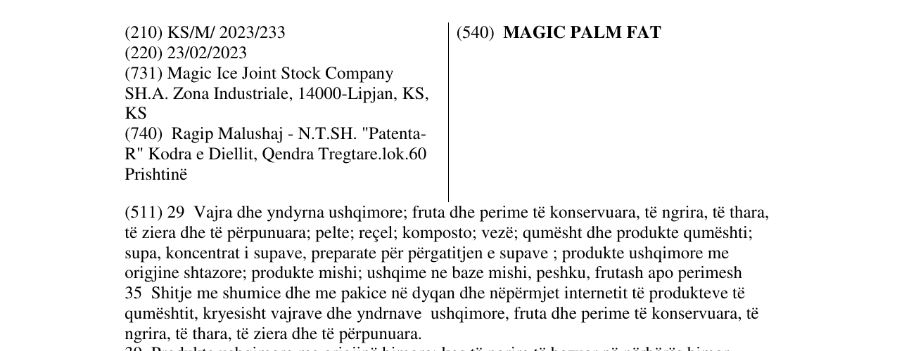 Zëri i markës MAGIC PALM FAT në buletin