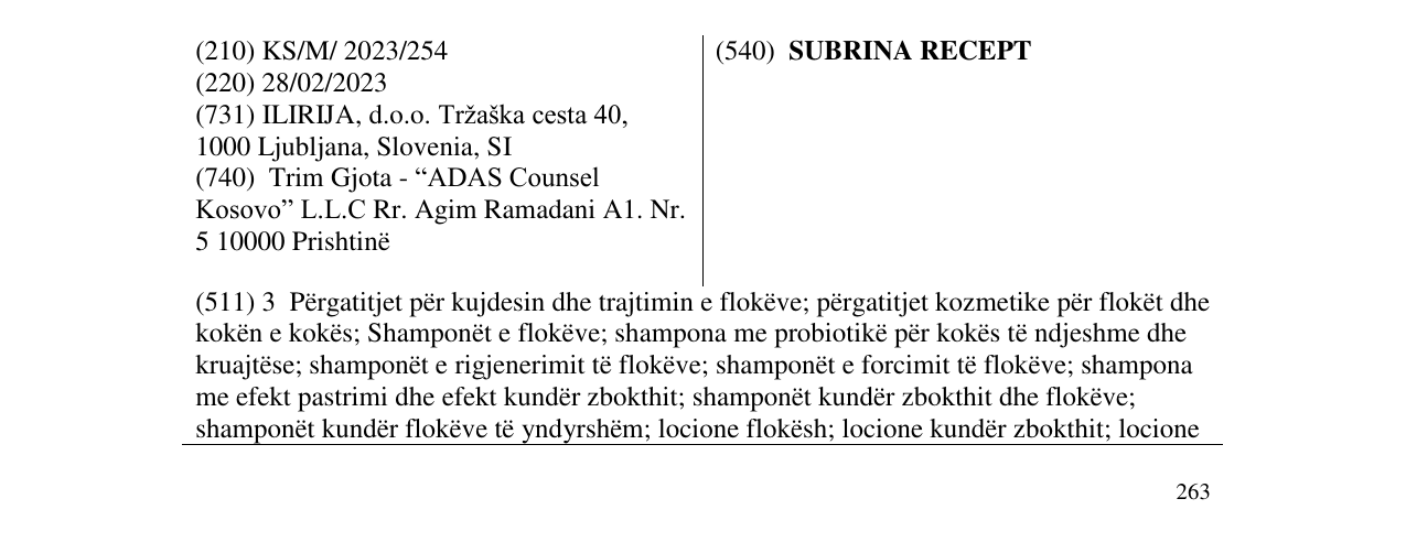 Zëri i markës SUBRINA RECEPT në buletin