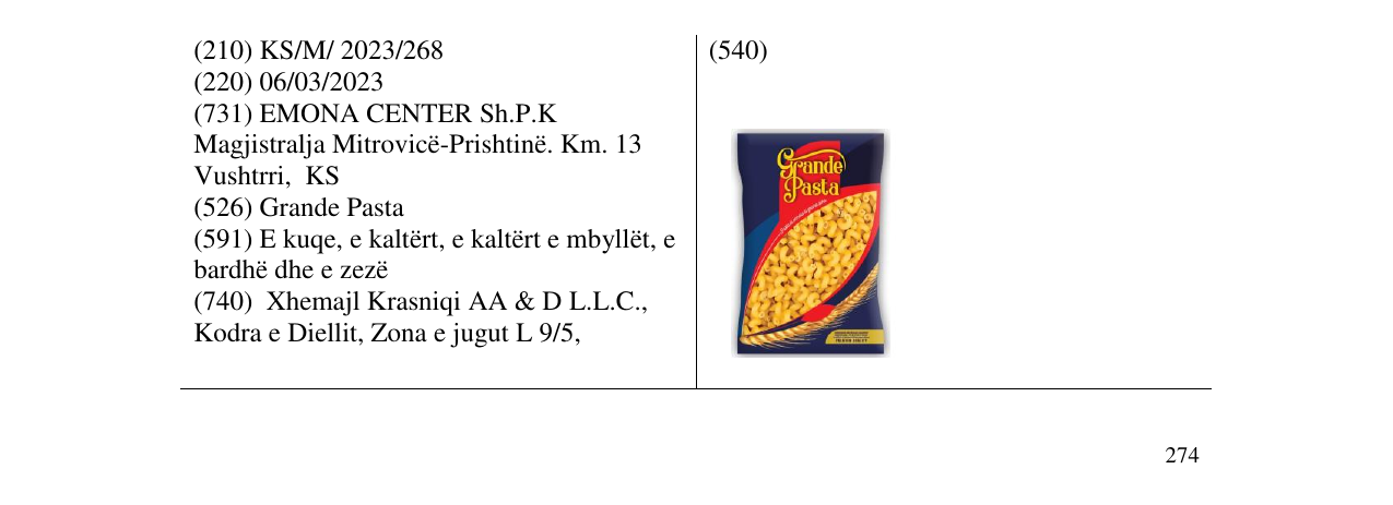 Zëri i markës Grande Pasta në buletin