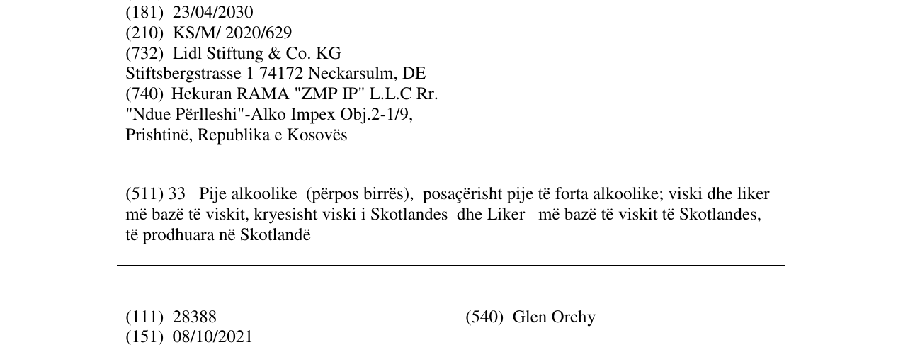 Zëri i markës Glenalba në buletin