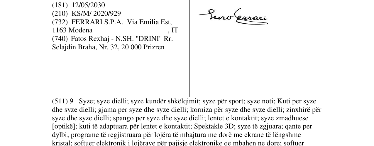 Zëri i markës ENZO FERRARI në buletin
