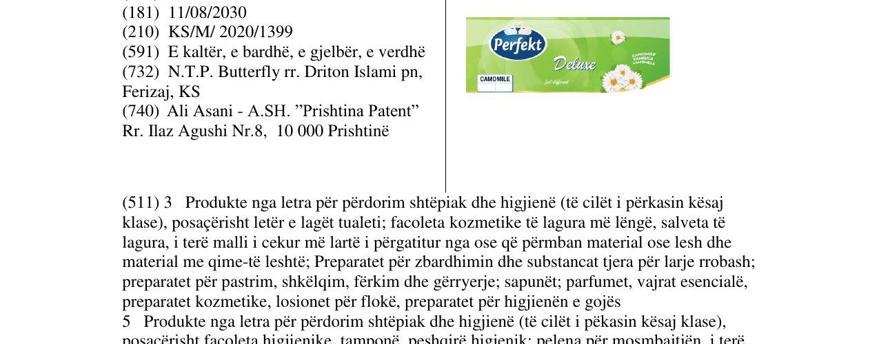 Zëri i markës Perfekt Deluxe camomile në buletin
