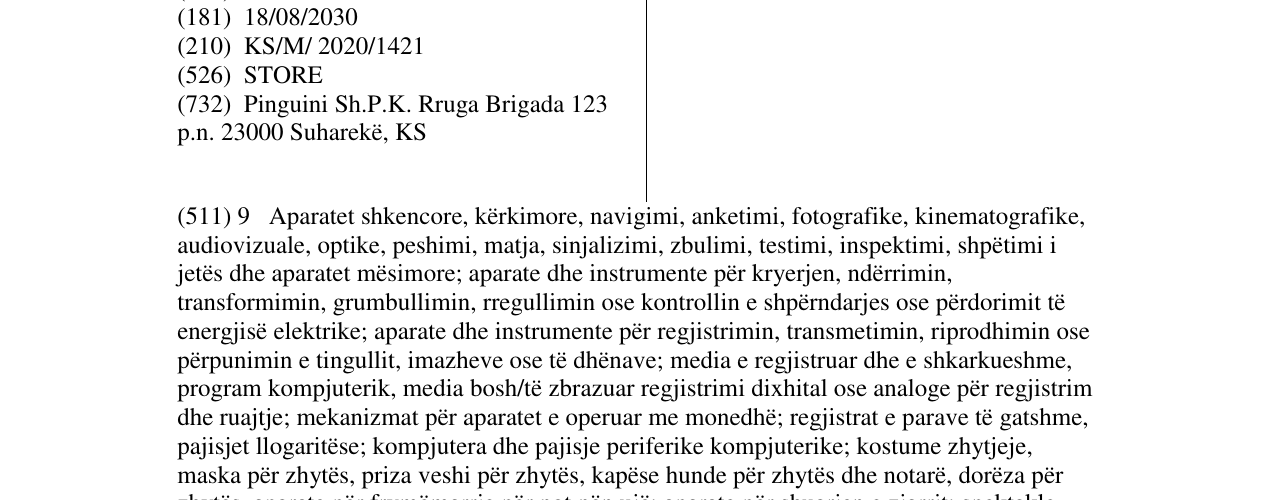 The entry of the trademark PINGUINI STORE in the bulletin