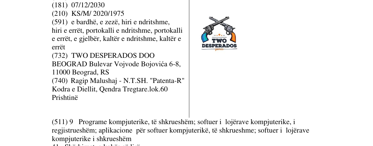 Zëri i markës TWO DESPERADOS në buletin