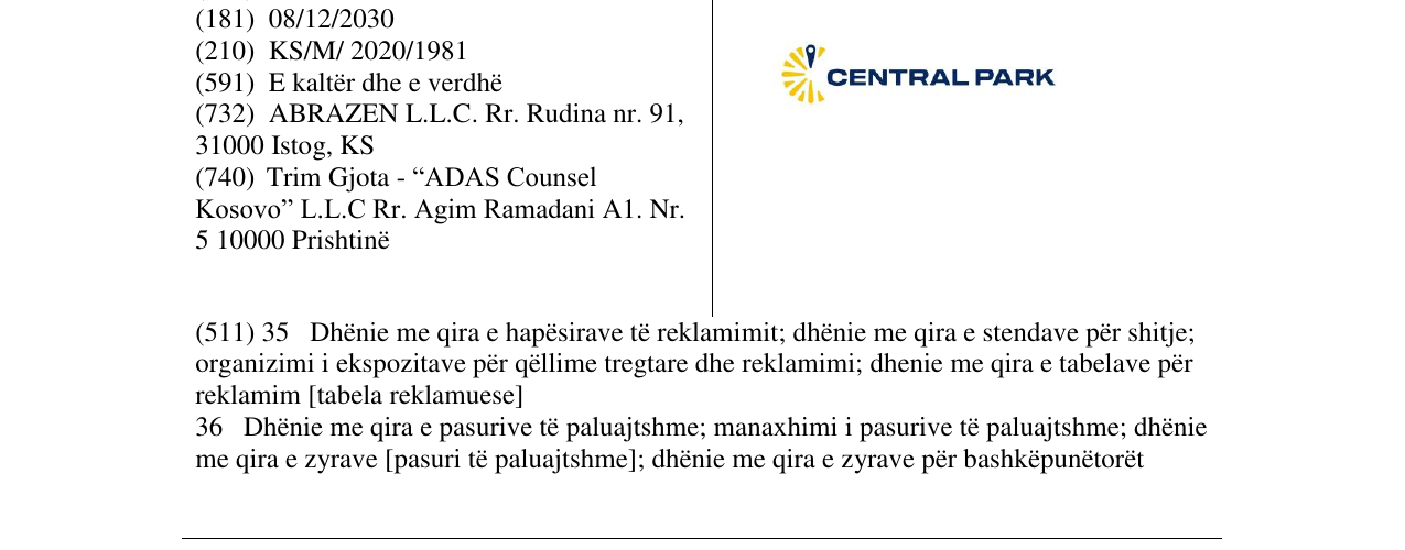 Zëri i markës CENTRAL PARK në buletin