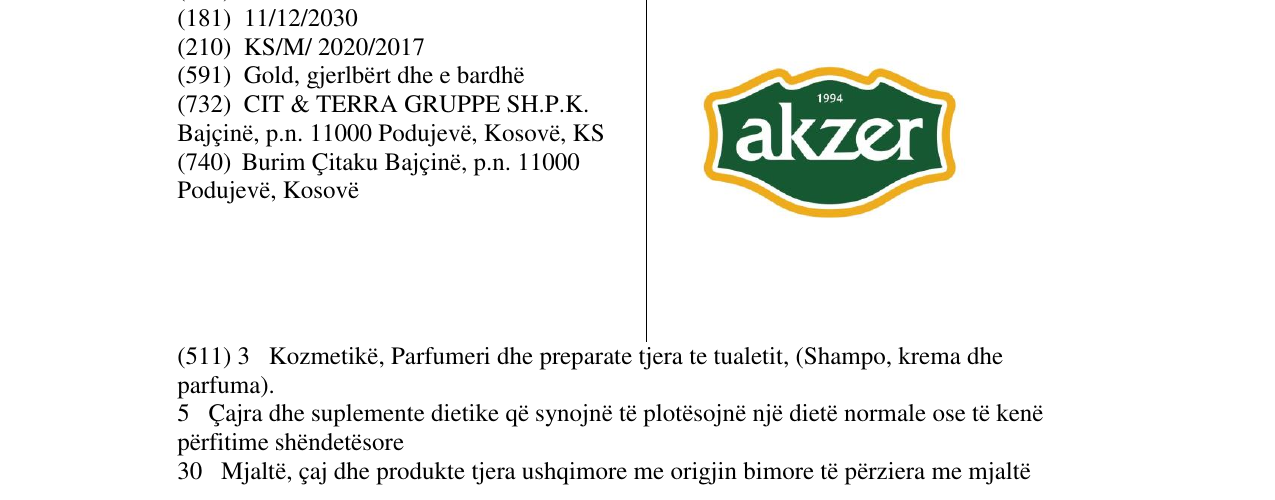 The entry of the trademark akzer in the bulletin