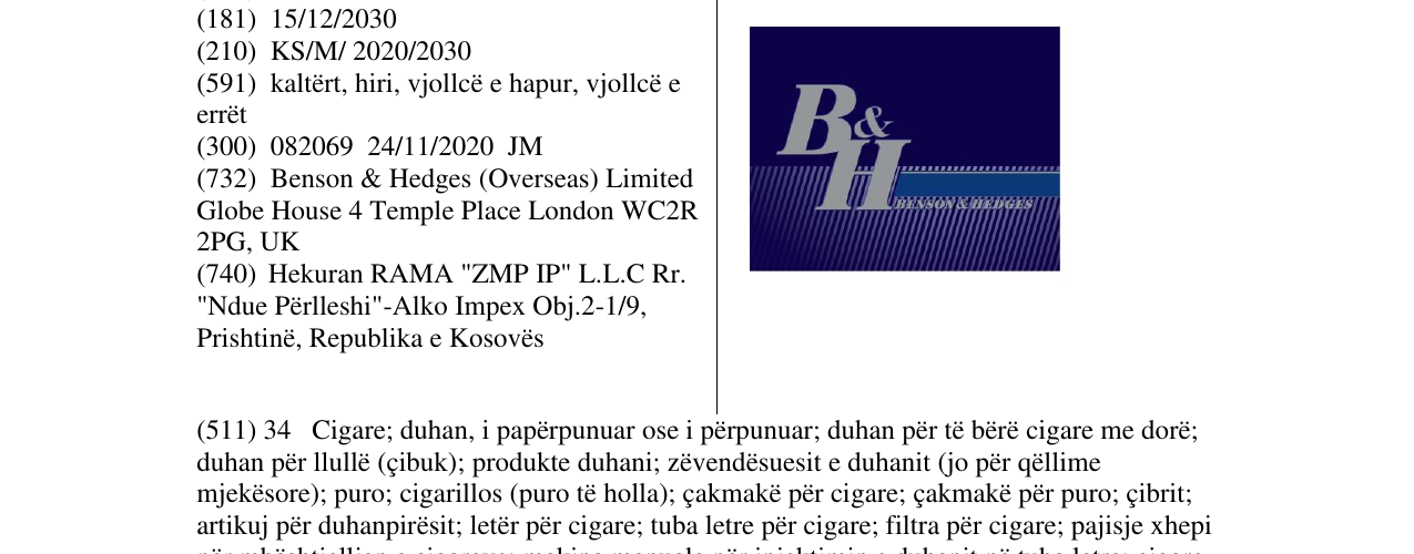 Zëri i markës B&H BENSON&HEDGES në buletin