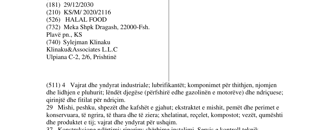 Zëri i markës MEKA HALAL FOOD R në buletin