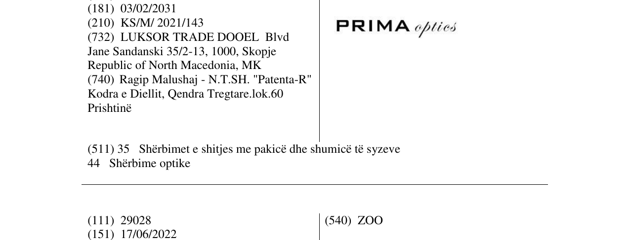 Zëri i markës PRIMA optics në buletin
