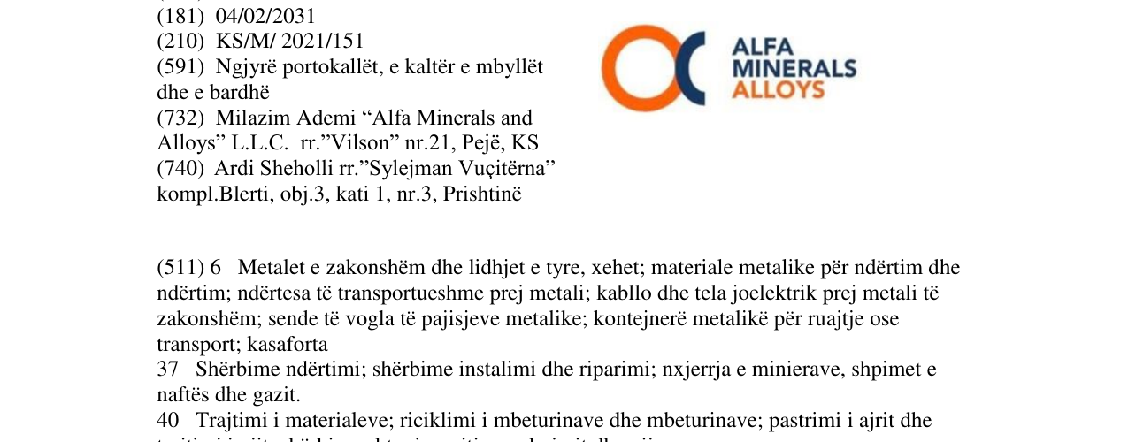 Zëri i markës ALFA MINERALS ALLOYS në buletin