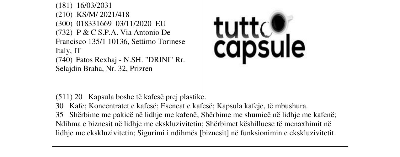 Zëri i markës tutto capsule në buletin