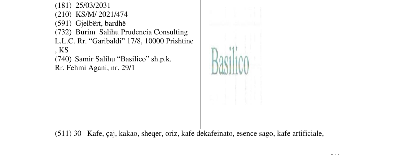 Zëri i markës Basilico në buletin