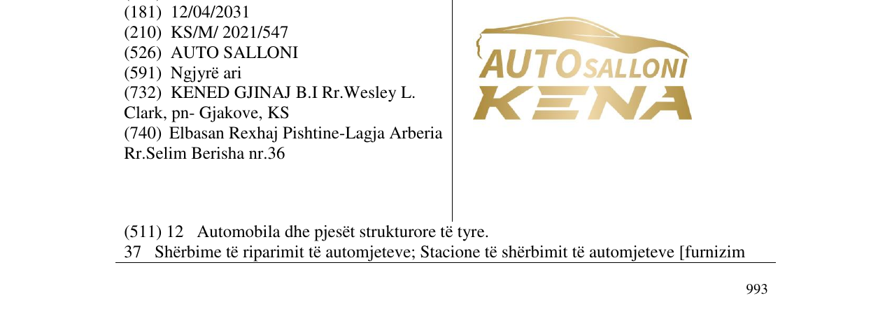 Zëri i markës AUTO SALLONI KENA në buletin