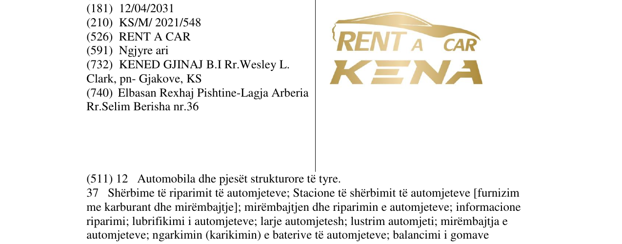 Zëri i markës RENT A CAR KENA në buletin
