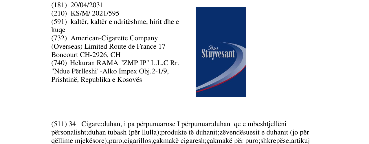 Zëri i markës peter Stuyvesant në buletin