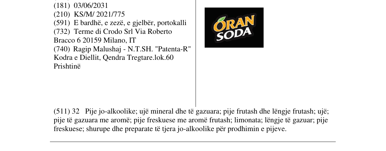 Zëri i markës ORAN SODA në buletin