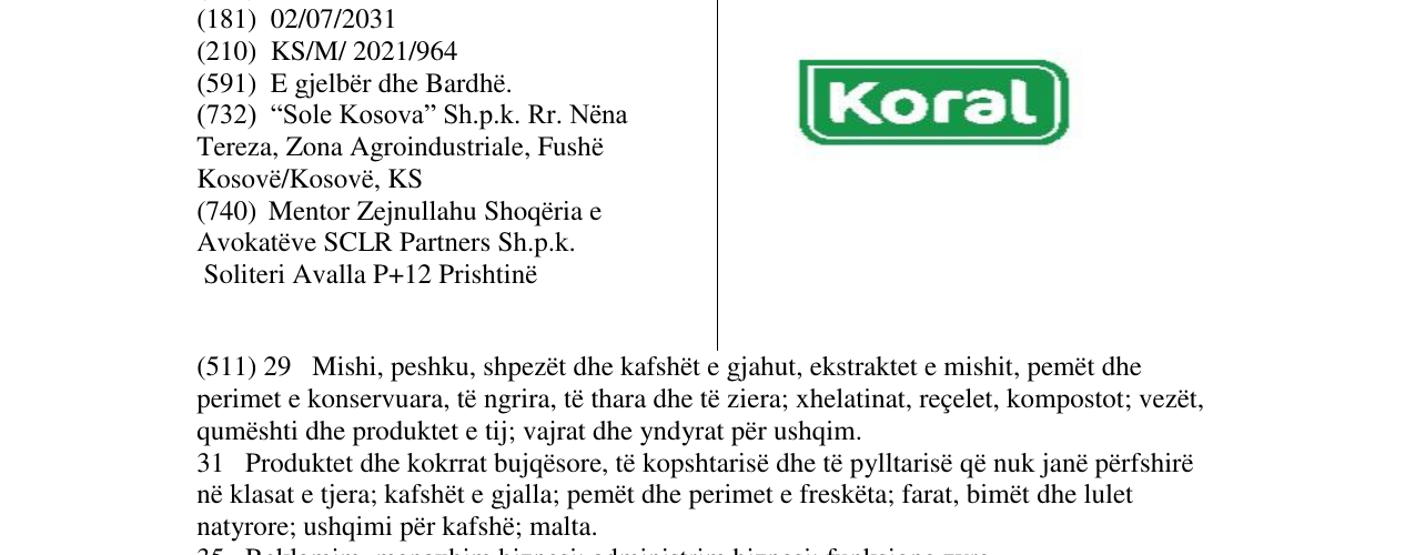 L'inscription de la marque KORAL au bulletin