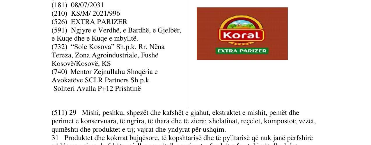 Zëri i markës KORAL EXTRA PARIZER në buletin