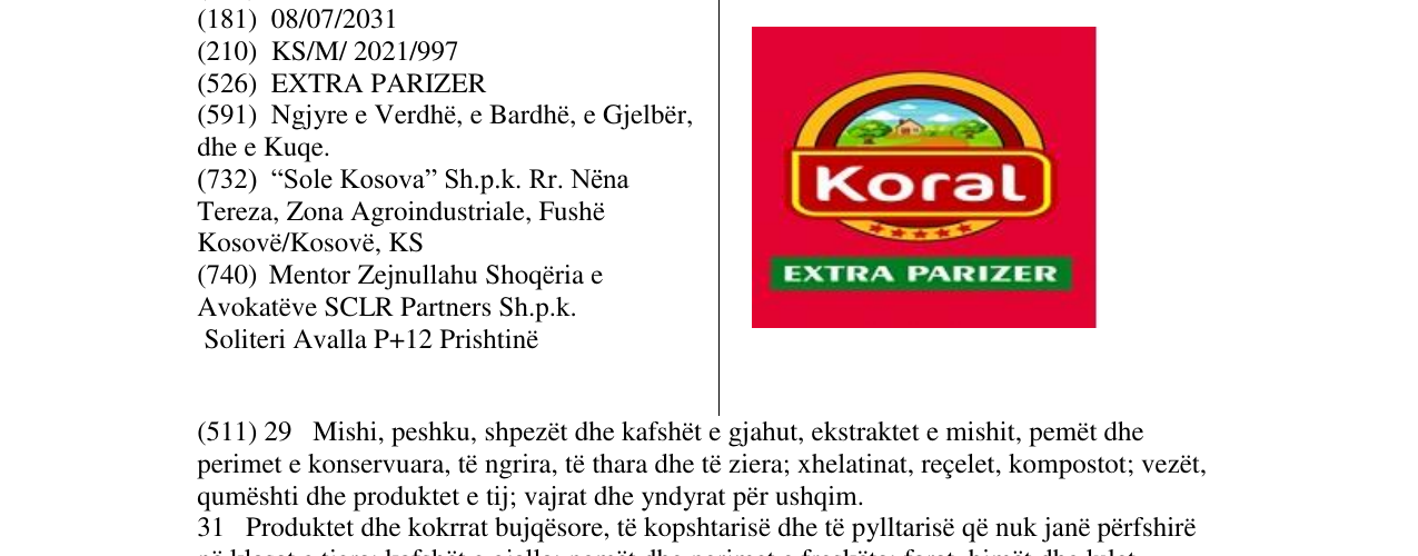 Zëri i markës KORAL EXTRA PARIZER në buletin