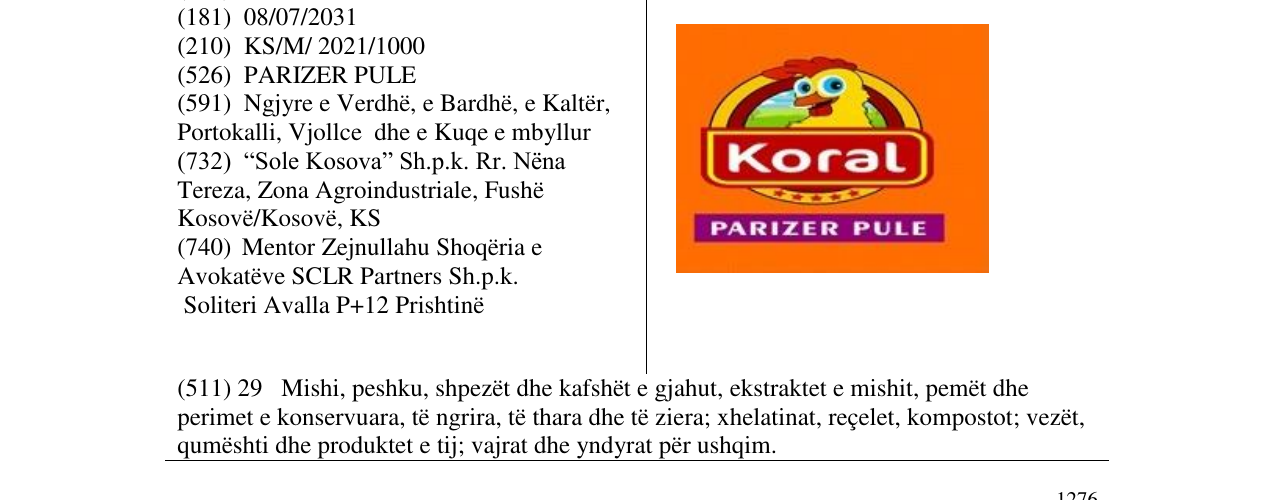 Zëri i markës KORAL PARIZER PULE në buletin