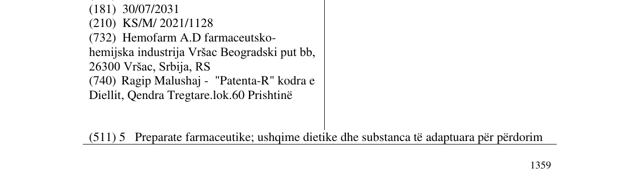 Zëri i markës MIOCYSTINN në buletin