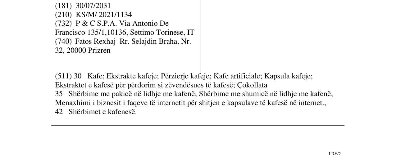 Zëri i markës PIACERI DEL PALATO në buletin